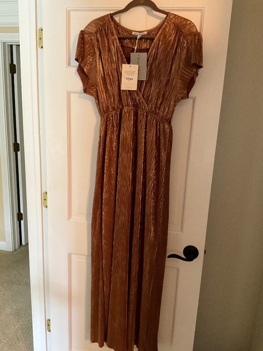 Bohme “See and Be Seen” metallic bronze pleated maxi dress, size M